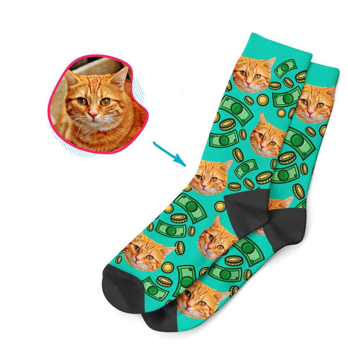mint Money socks personalized with photo of face printed on them