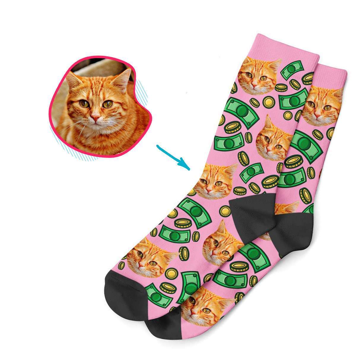 pink Money socks personalized with photo of face printed on them