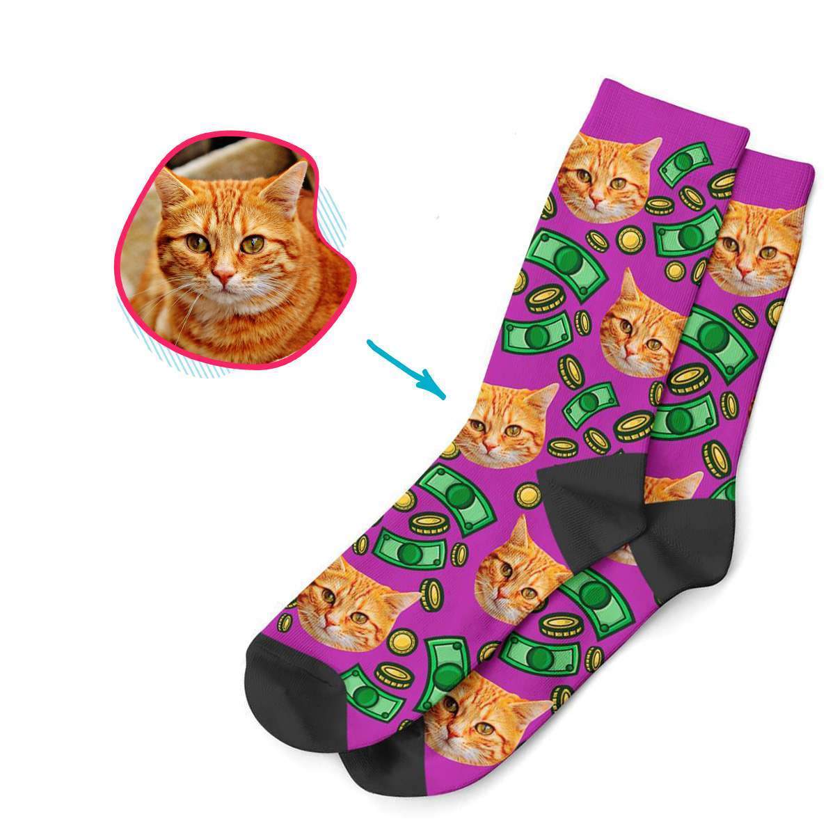 purple Money socks personalized with photo of face printed on them