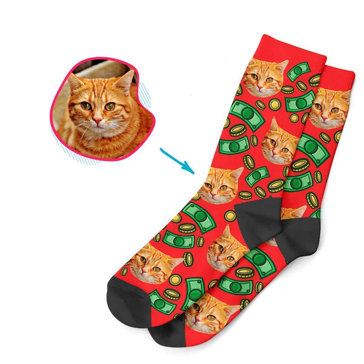 red Money socks personalized with photo of face printed on them