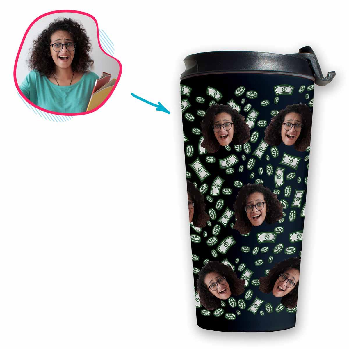 dark Money travel mug personalized with photo of face printed on it