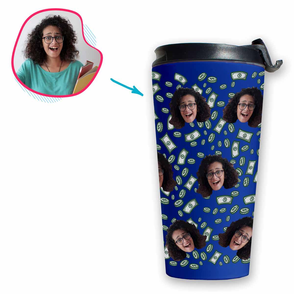 darkblue Money travel mug personalized with photo of face printed on it
