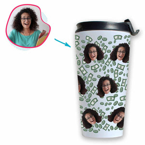 white Money travel mug personalized with photo of face printed on it