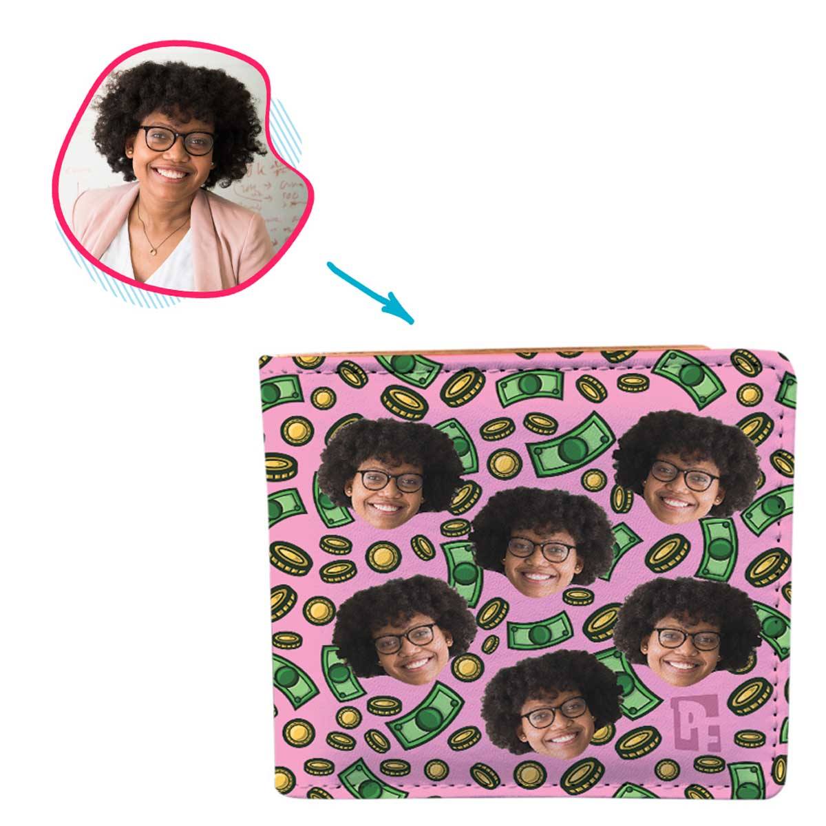 pink Money wallet personalized with photo of face printed on it