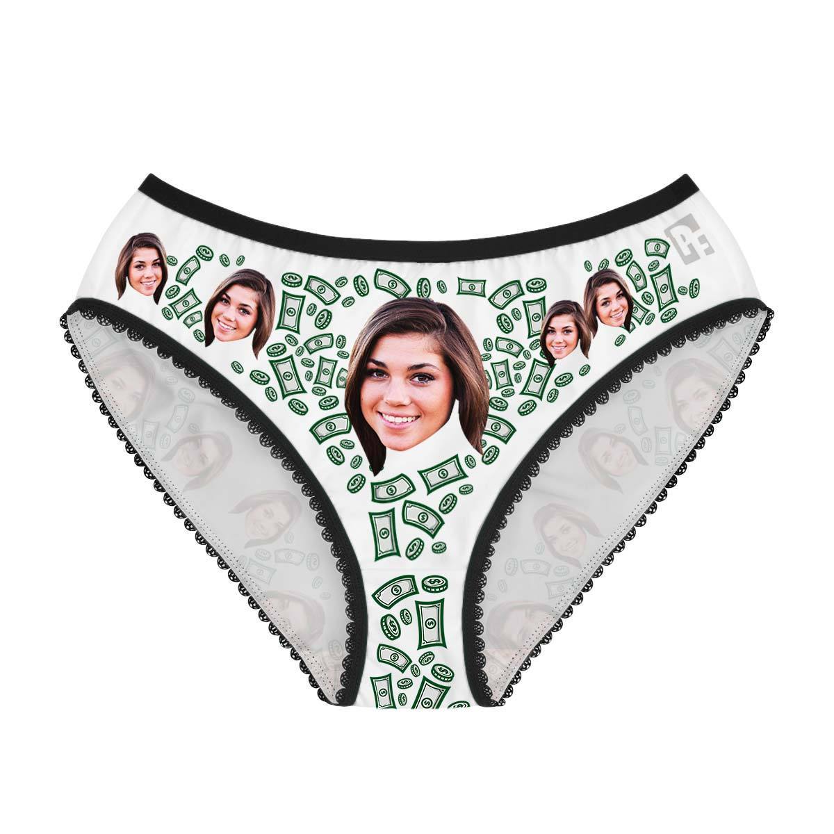 White Money women's underwear briefs personalized with photo printed on them