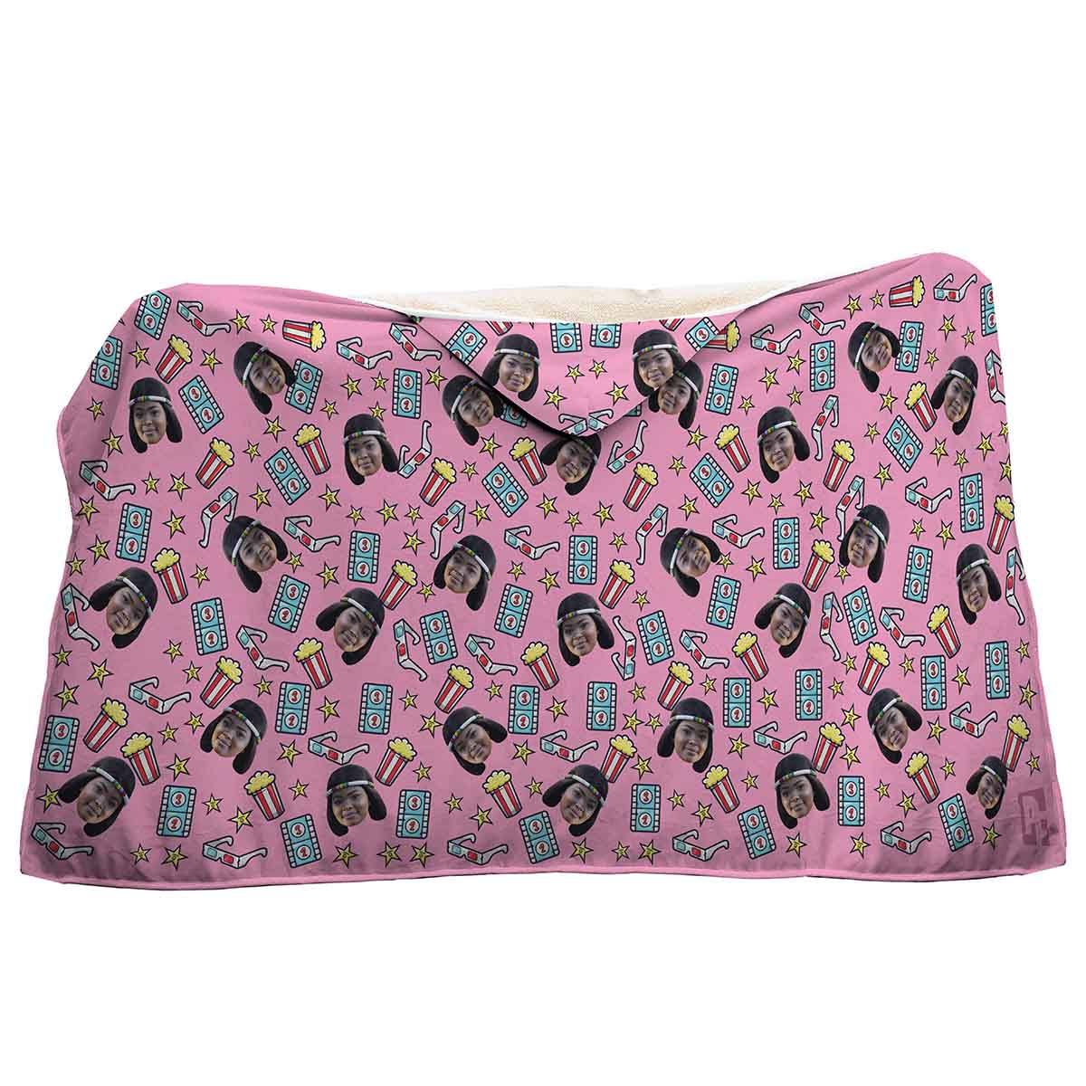 pink Movie hooded blanket personalized with photo of face printed on it
