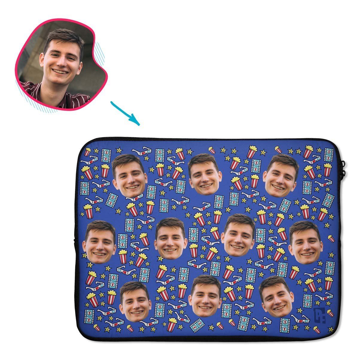 darkblue Movie laptop sleeve personalized with photo of face printed on them