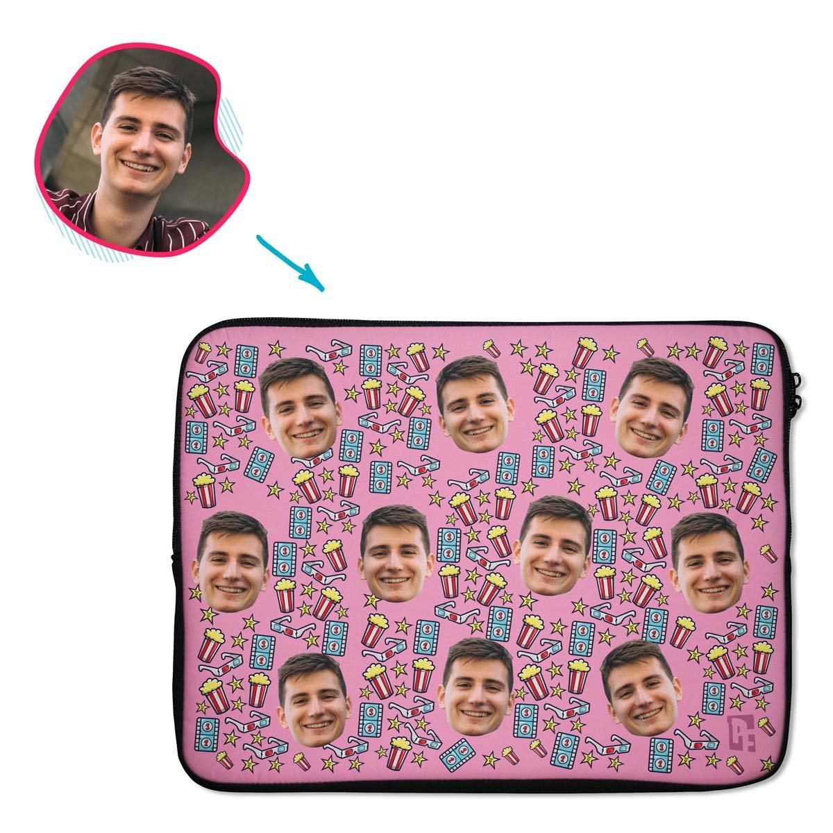 pink Movie laptop sleeve personalized with photo of face printed on them