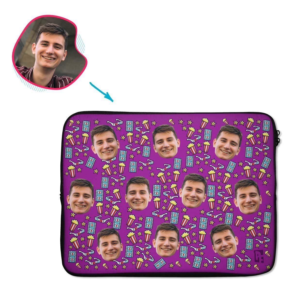 purple Movie laptop sleeve personalized with photo of face printed on them