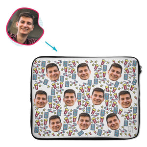 white Movie laptop sleeve personalized with photo of face printed on them