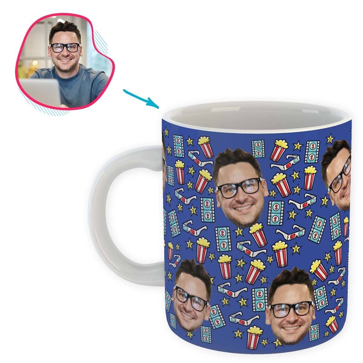 darkblue Movie mug personalized with photo of face printed on it