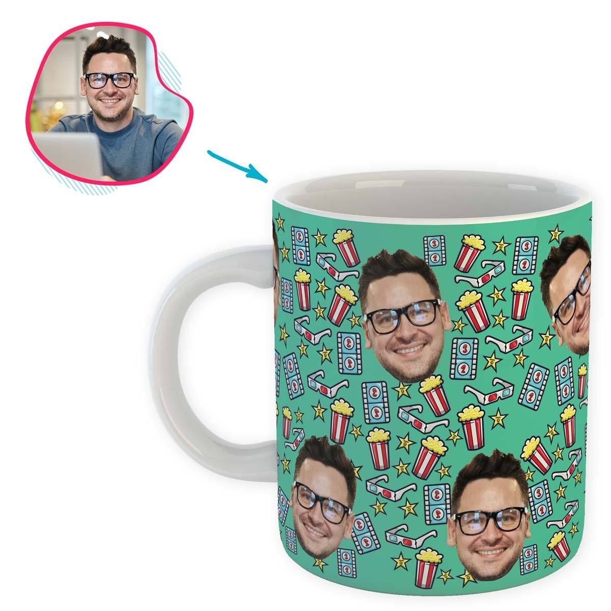 mint Movie mug personalized with photo of face printed on it