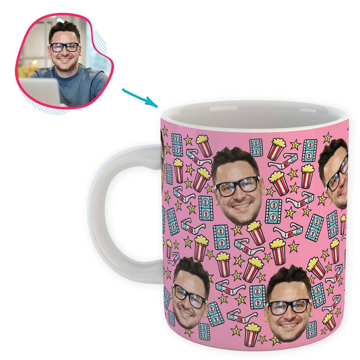pink Movie mug personalized with photo of face printed on it