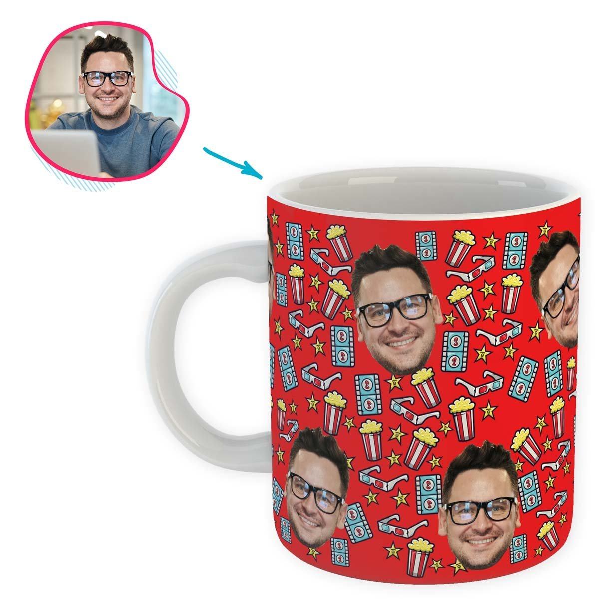 red Movie mug personalized with photo of face printed on it