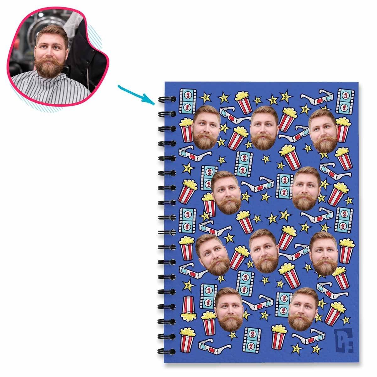 darkblue Movie Notebook personalized with photo of face printed on them