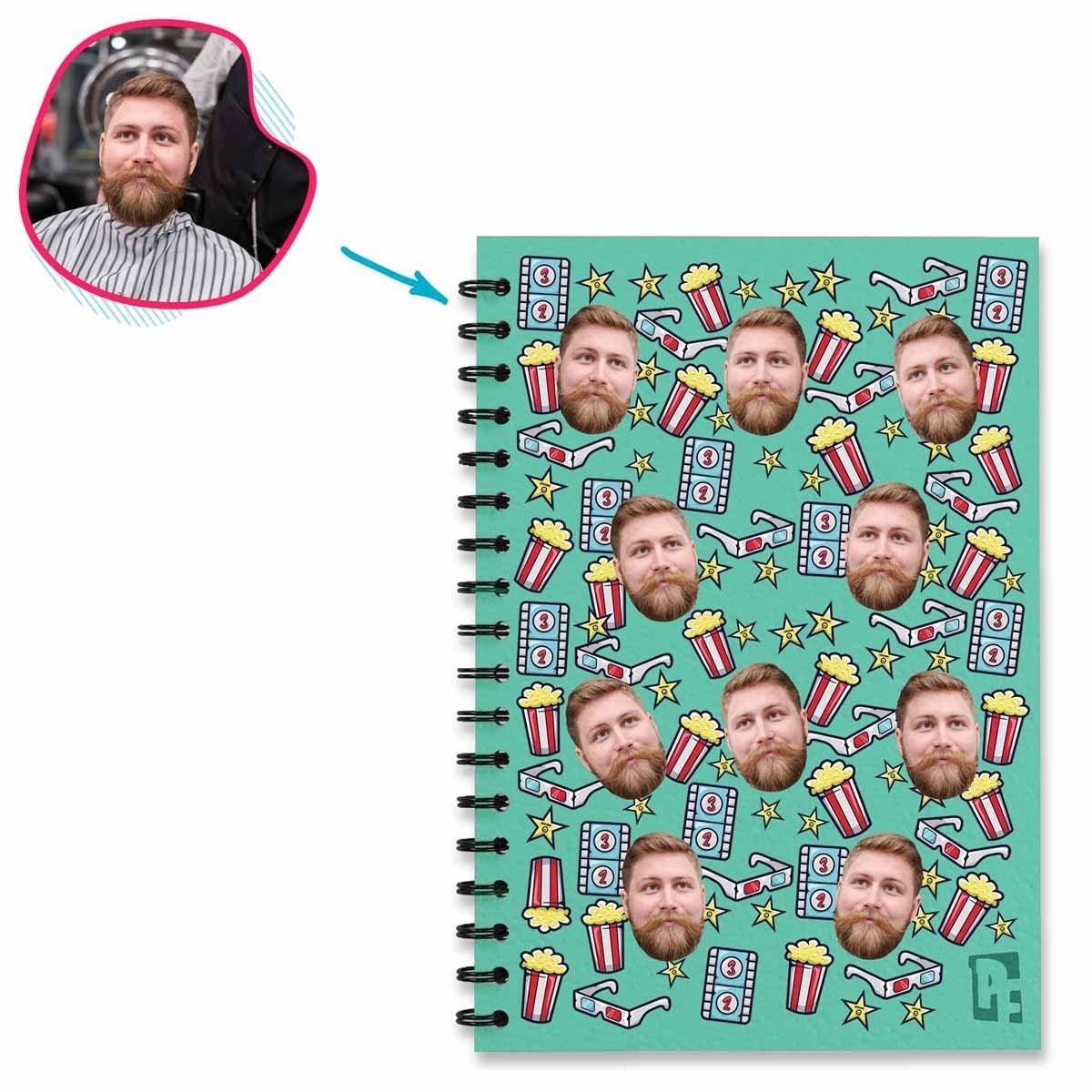 mint Movie Notebook personalized with photo of face printed on them