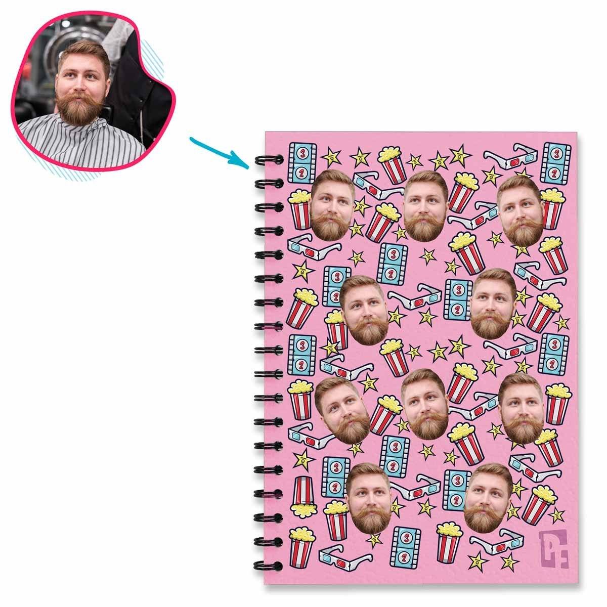 pink Movie Notebook personalized with photo of face printed on them