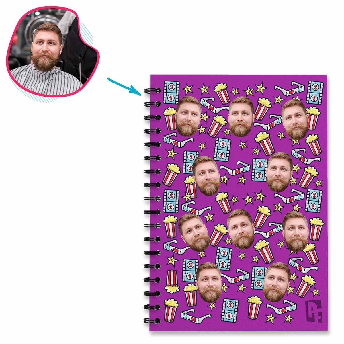 purple Movie Notebook personalized with photo of face printed on them