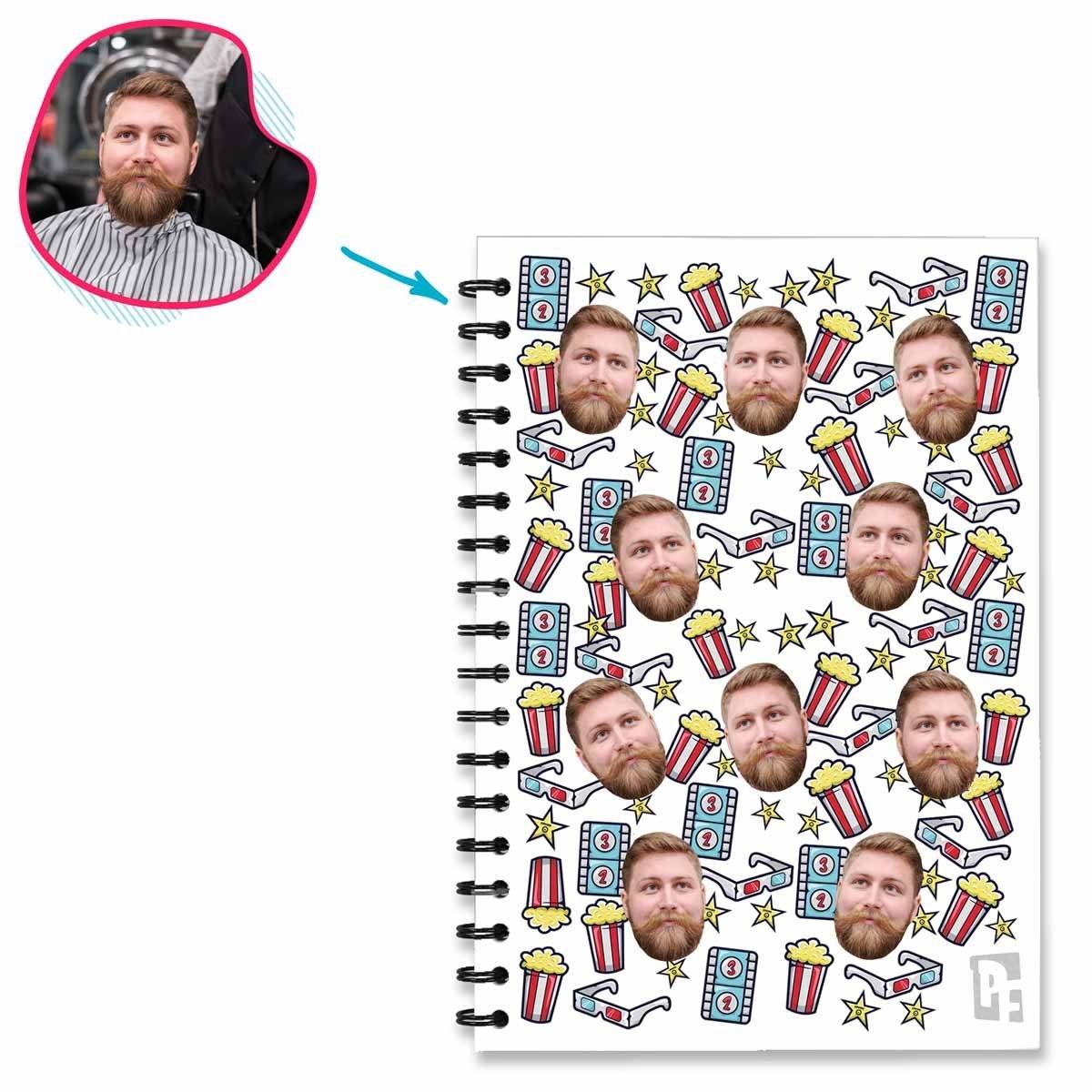 white Movie Notebook personalized with photo of face printed on them