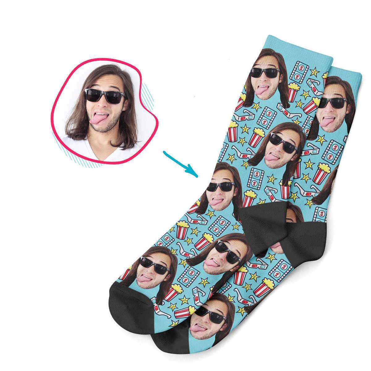 blue Movie socks personalized with photo of face printed on them