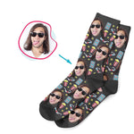 Load image into Gallery viewer, dark Movie socks personalized with photo of face printed on them
