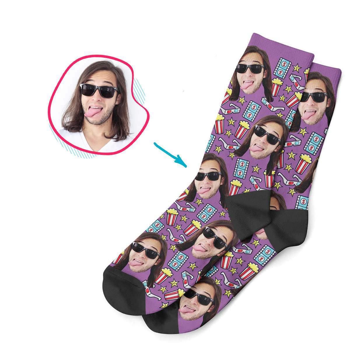 purple Movie socks personalized with photo of face printed on them