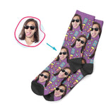 Load image into Gallery viewer, purple Movie socks personalized with photo of face printed on them

