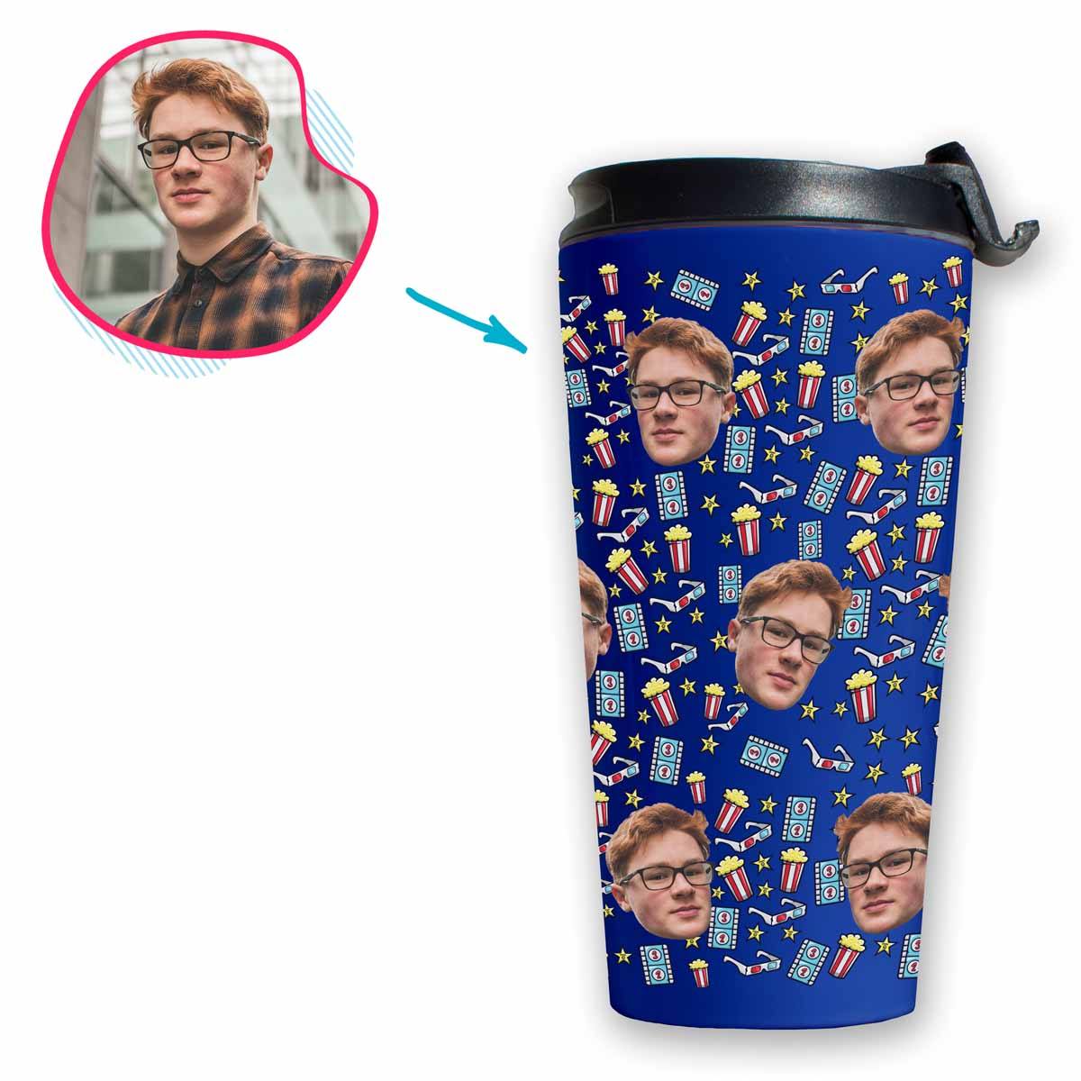 darkblue Movie travel mug personalized with photo of face printed on it