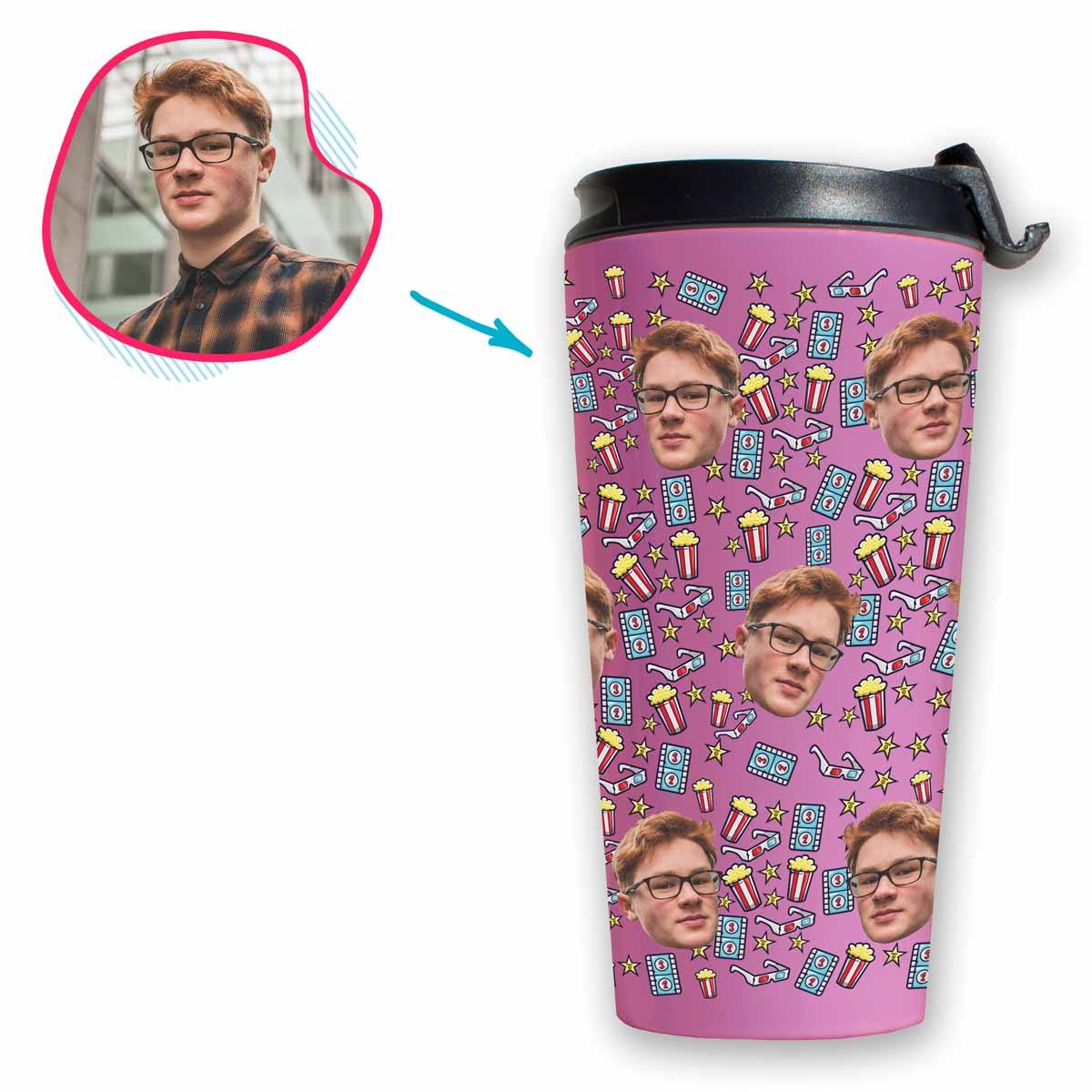 pink Movie travel mug personalized with photo of face printed on it