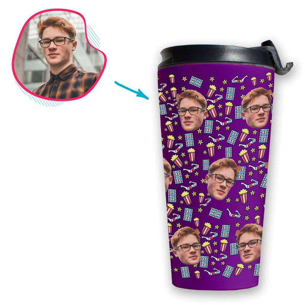 purple Movie travel mug personalized with photo of face printed on it