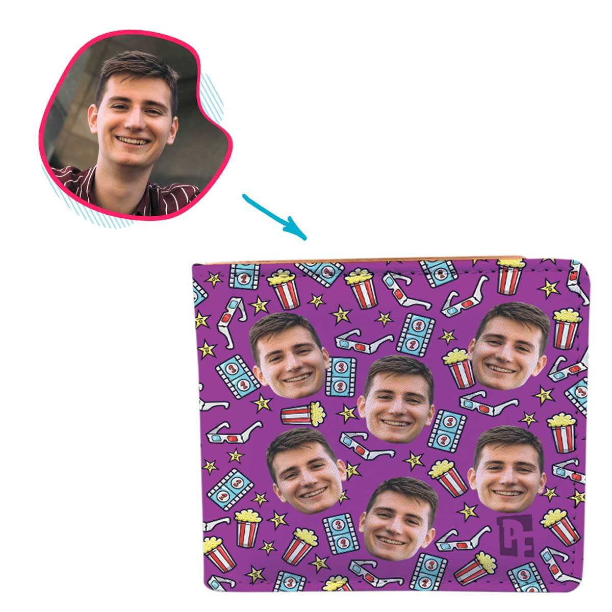 purple Movie wallet personalized with photo of face printed on it