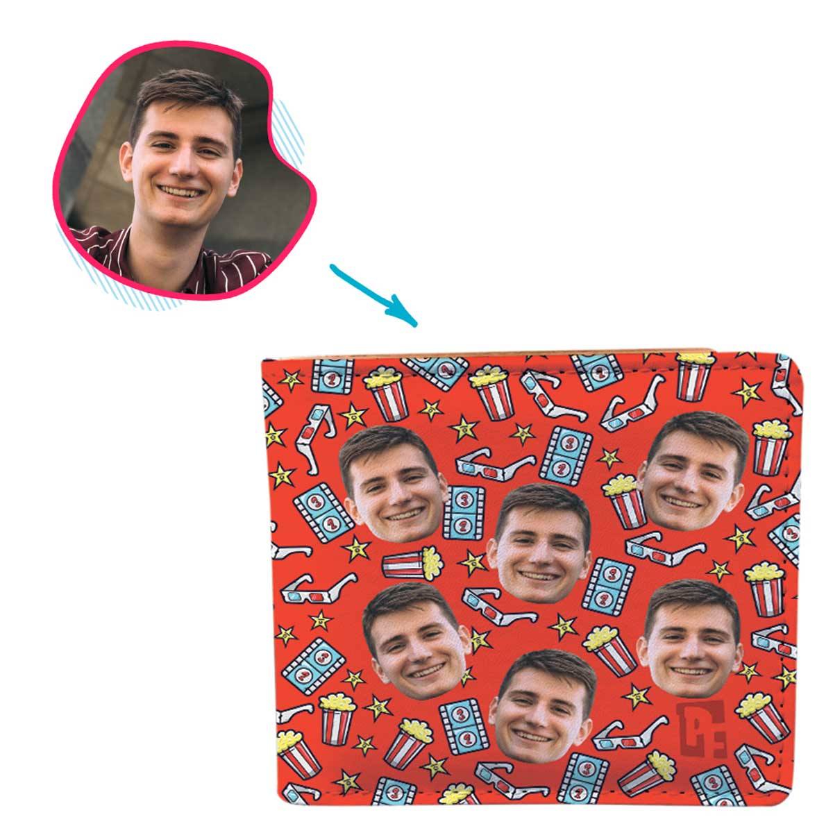 red Movie wallet personalized with photo of face printed on it