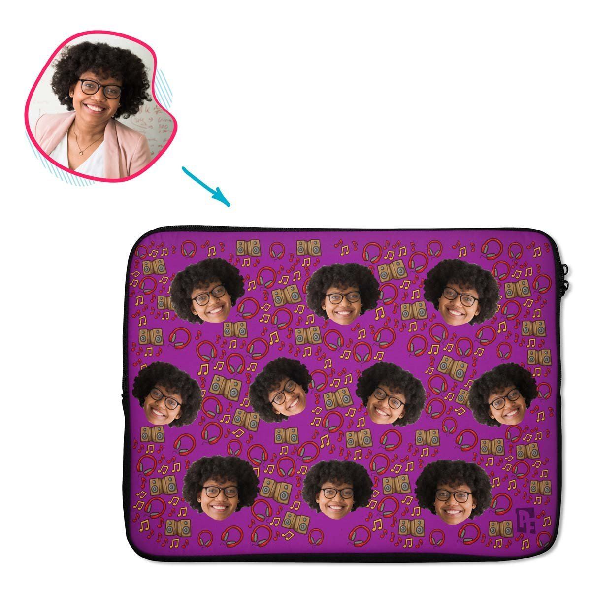 purple Music laptop sleeve personalized with photo of face printed on them