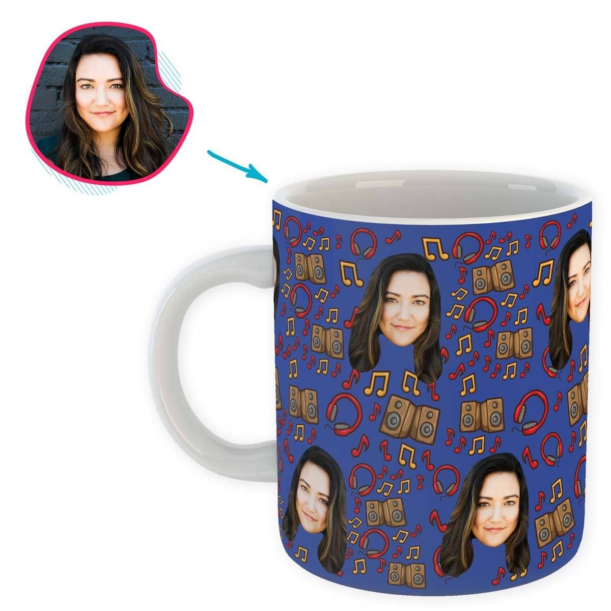darkblue Music mug personalized with photo of face printed on it