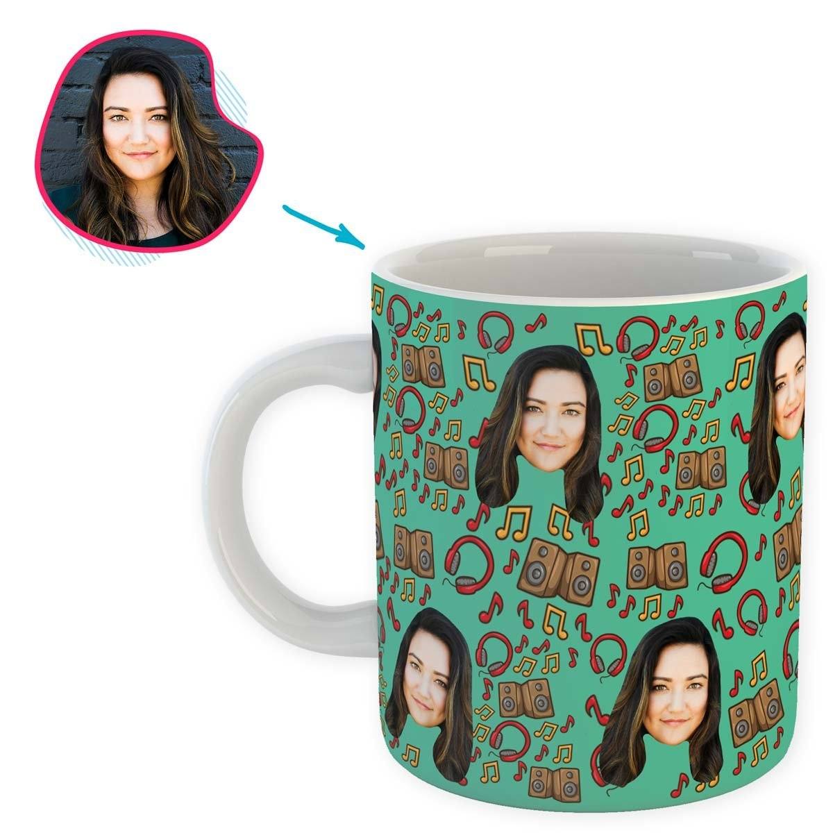 mint Music mug personalized with photo of face printed on it