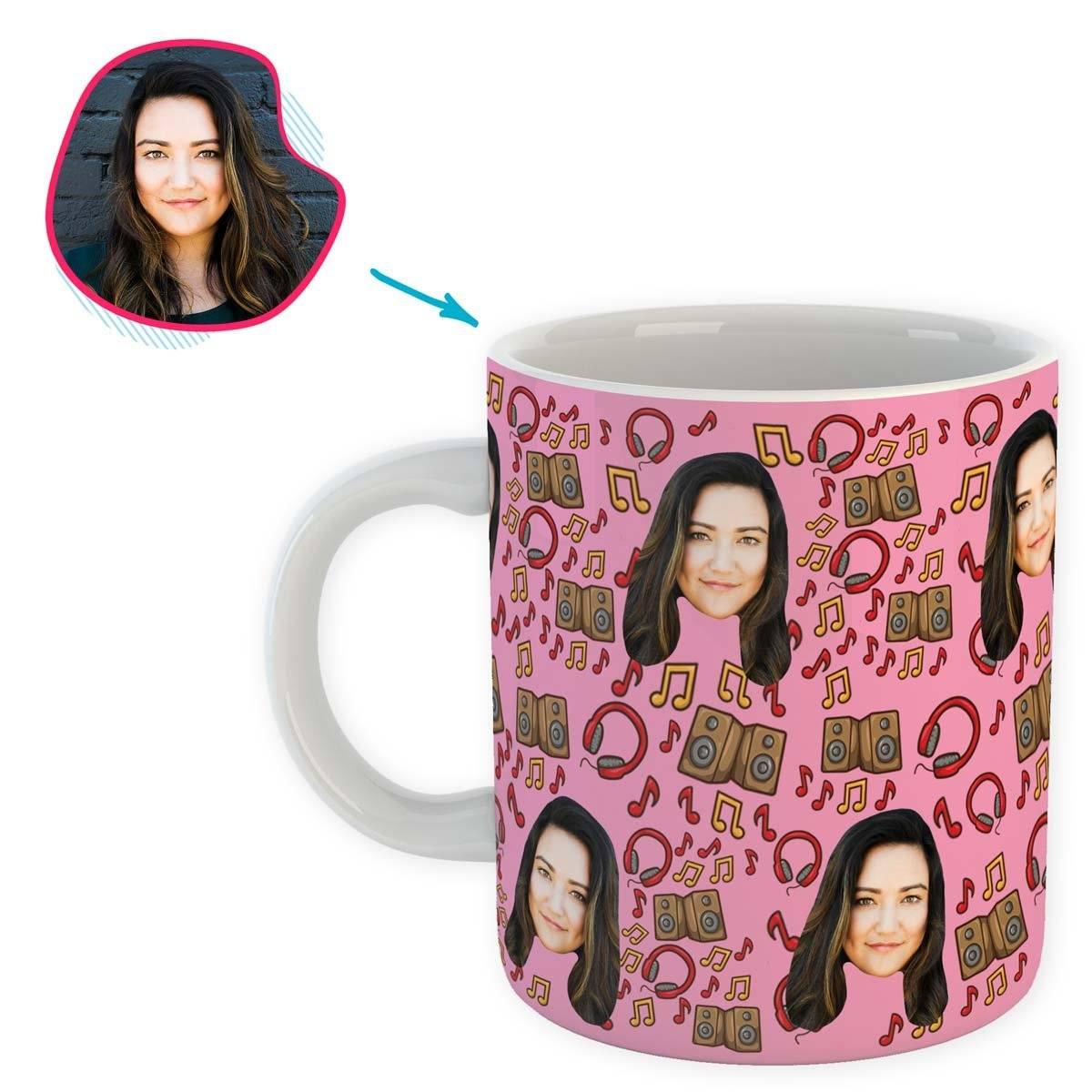 pink Music mug personalized with photo of face printed on it