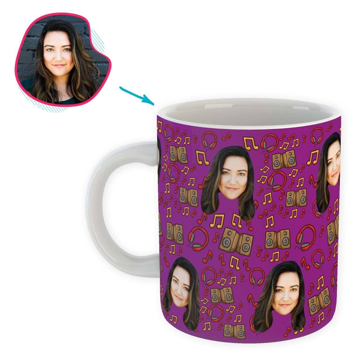 purple Music mug personalized with photo of face printed on it