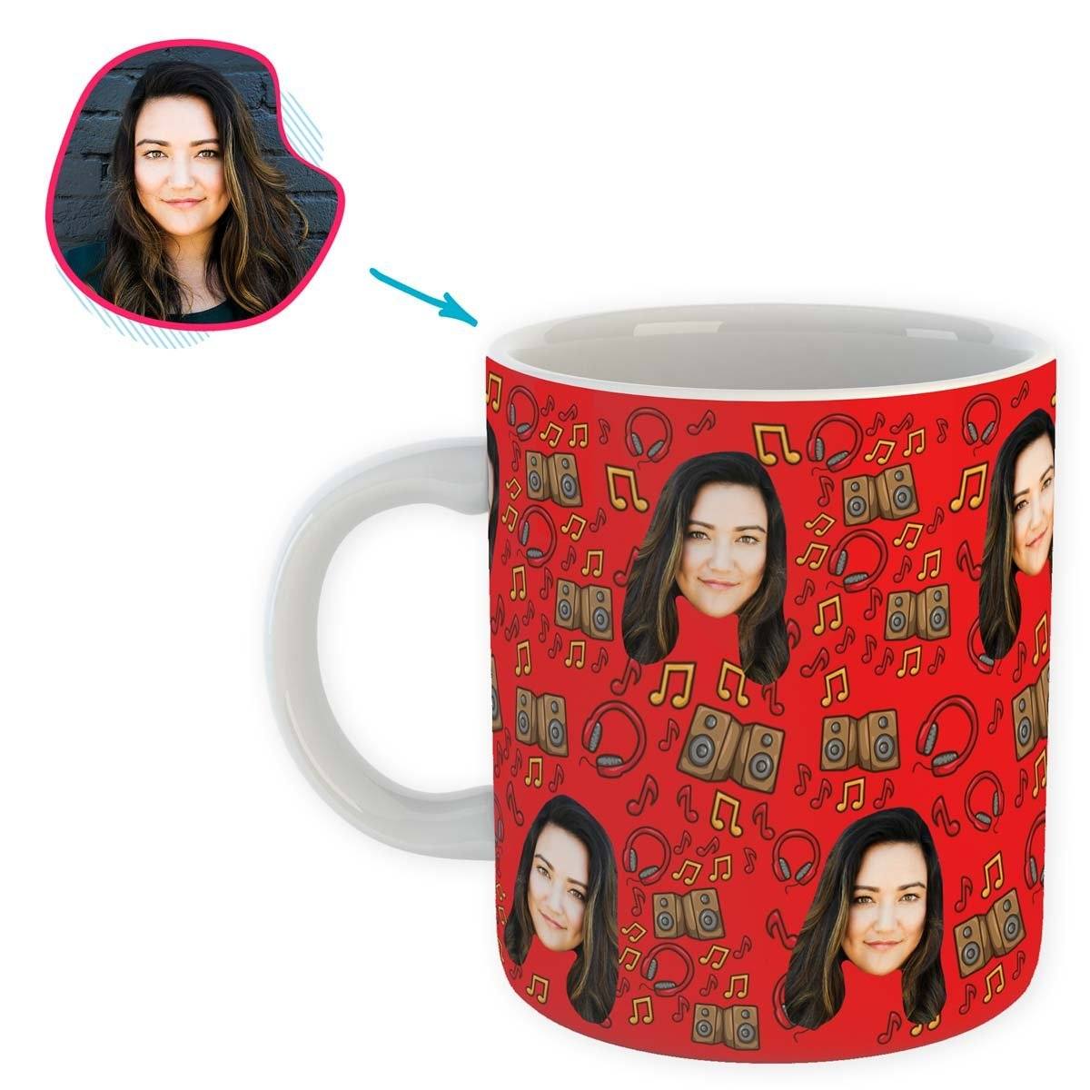 red Music mug personalized with photo of face printed on it