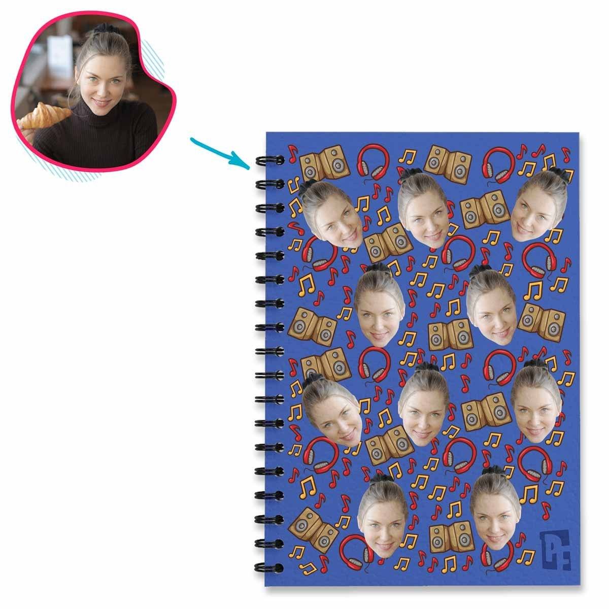 darkblue Music Notebook personalized with photo of face printed on them