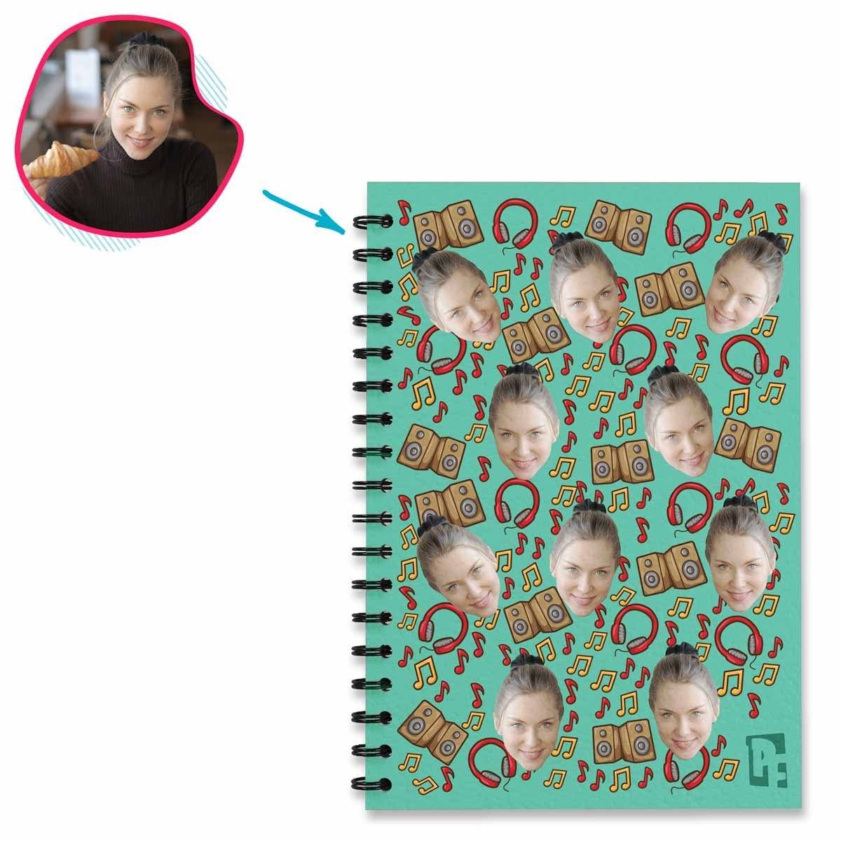 mint Music Notebook personalized with photo of face printed on them