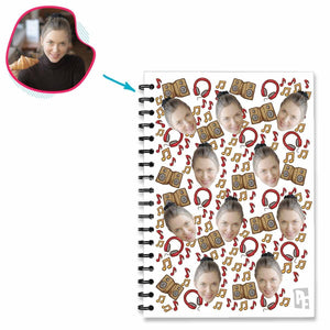white Music Notebook personalized with photo of face printed on them