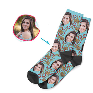 blue Music socks personalized with photo of face printed on them