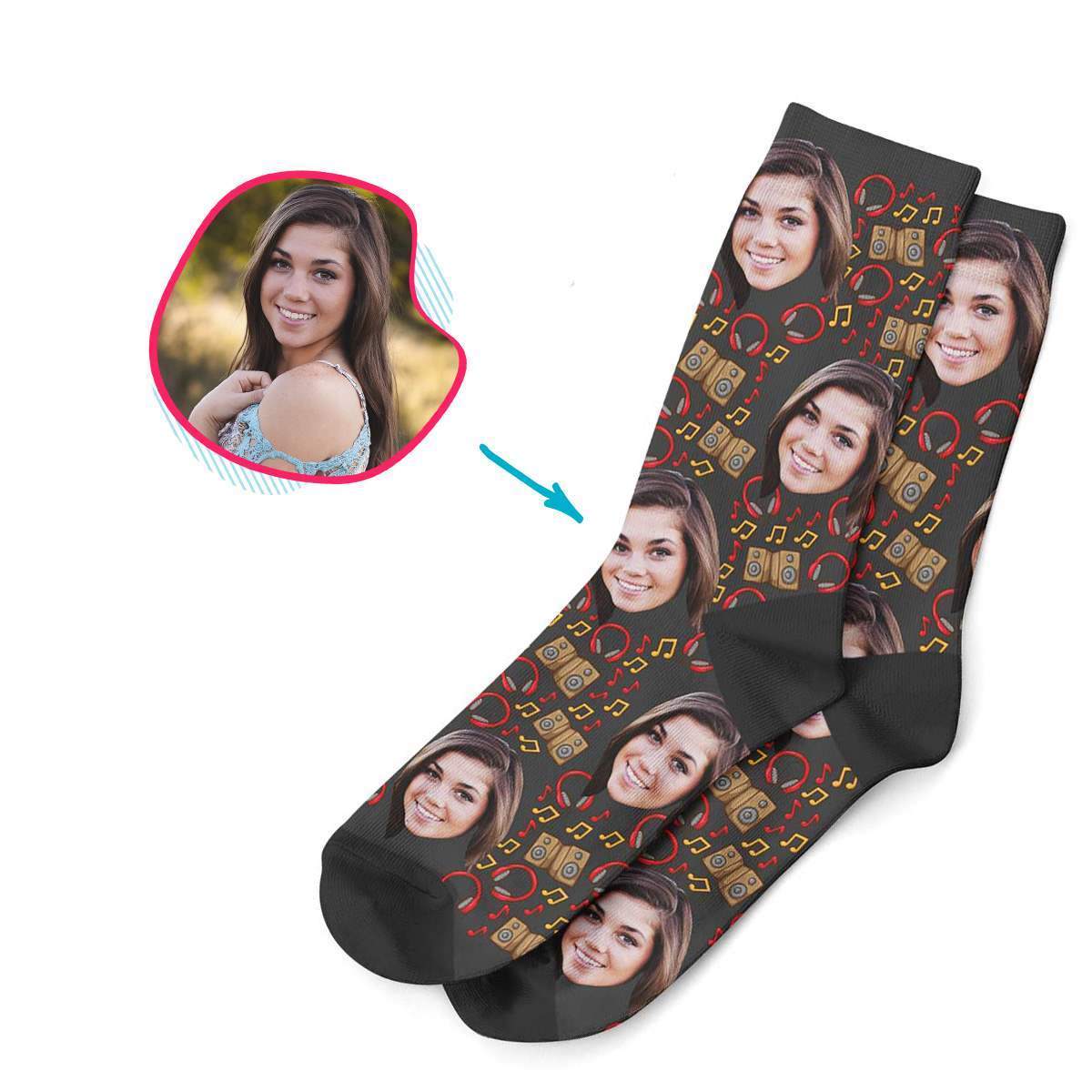 dark Music socks personalized with photo of face printed on them