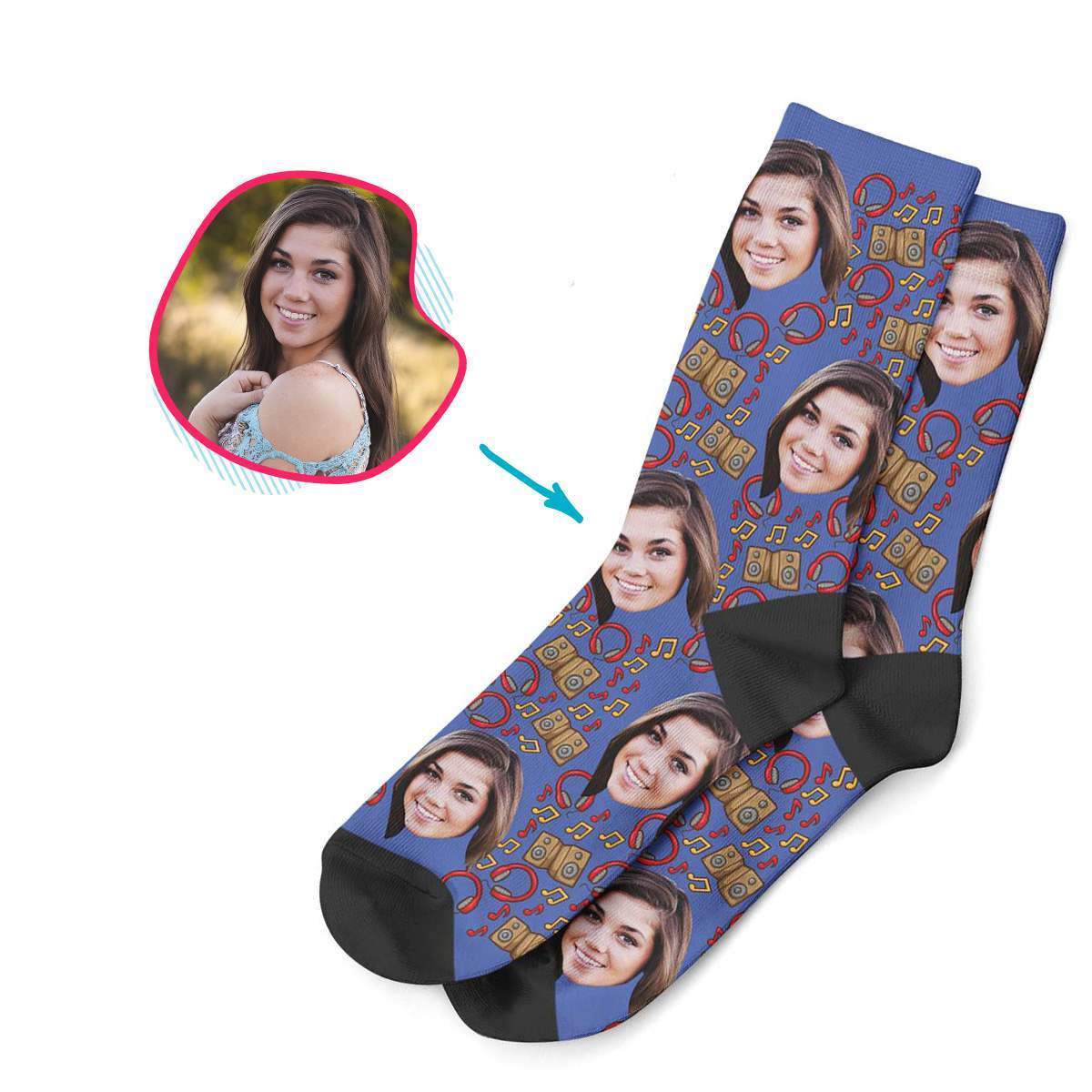 darkblue Music socks personalized with photo of face printed on them