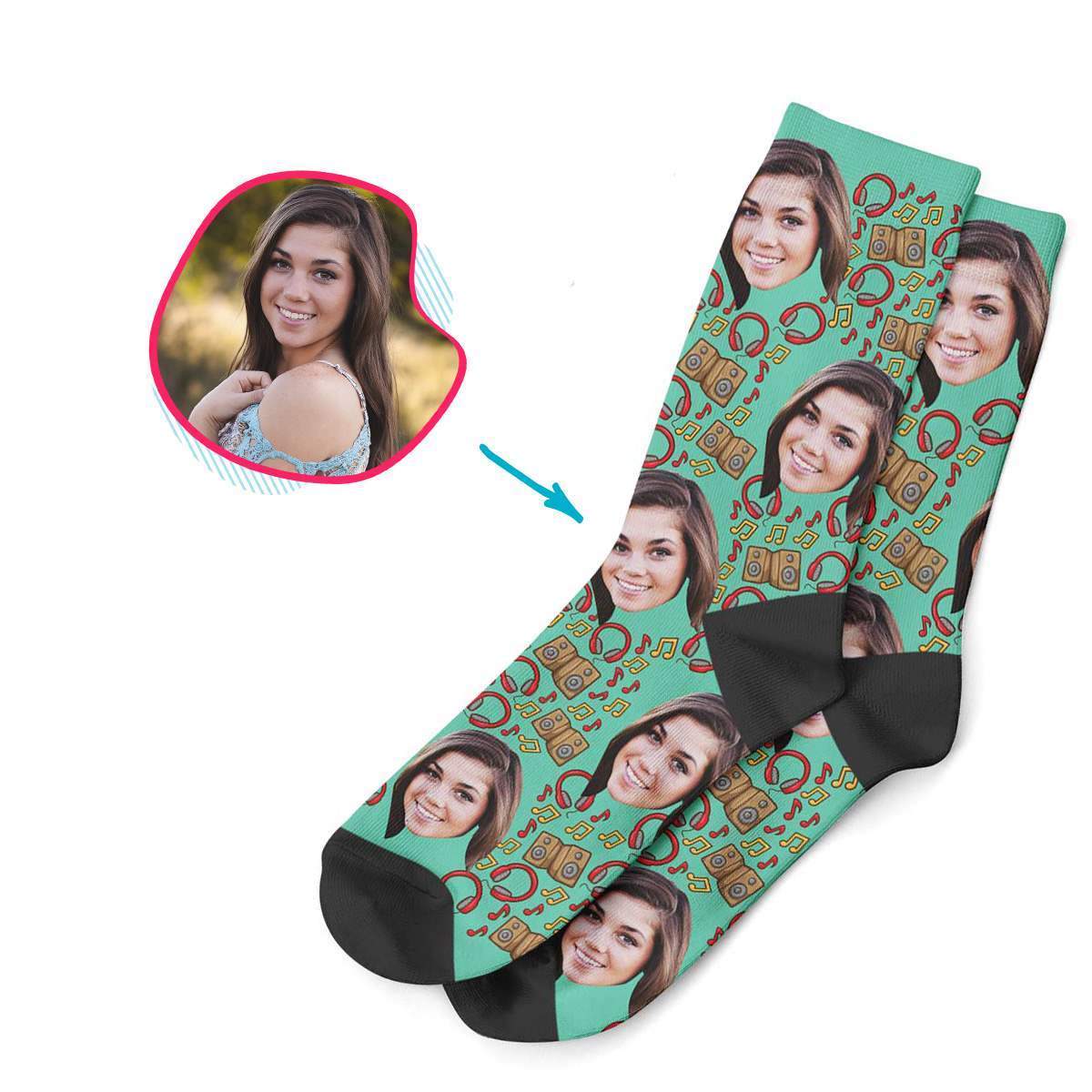 mint Music socks personalized with photo of face printed on them