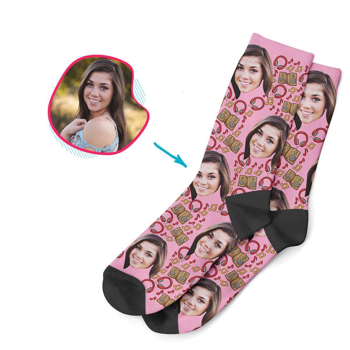 pink Music socks personalized with photo of face printed on them