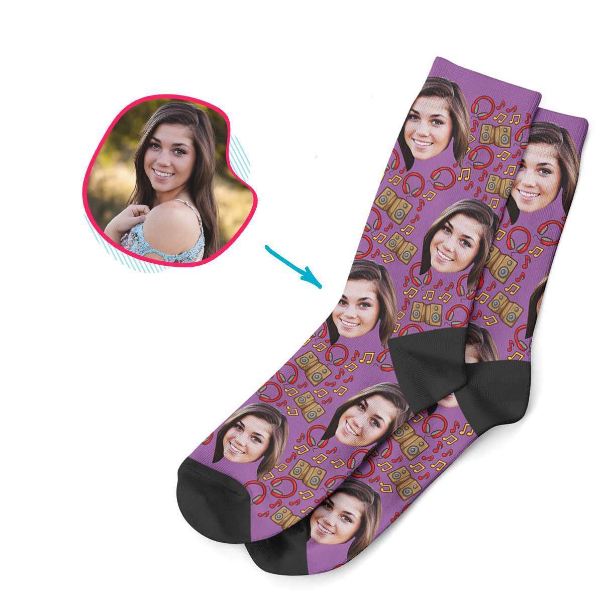 purple Music socks personalized with photo of face printed on them