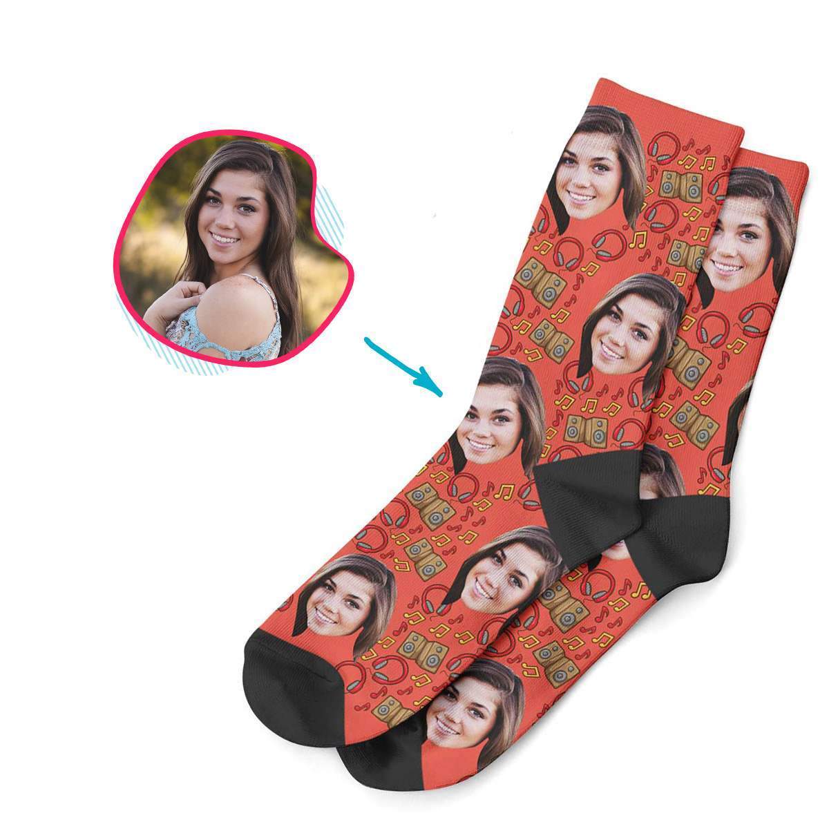 red Music socks personalized with photo of face printed on them