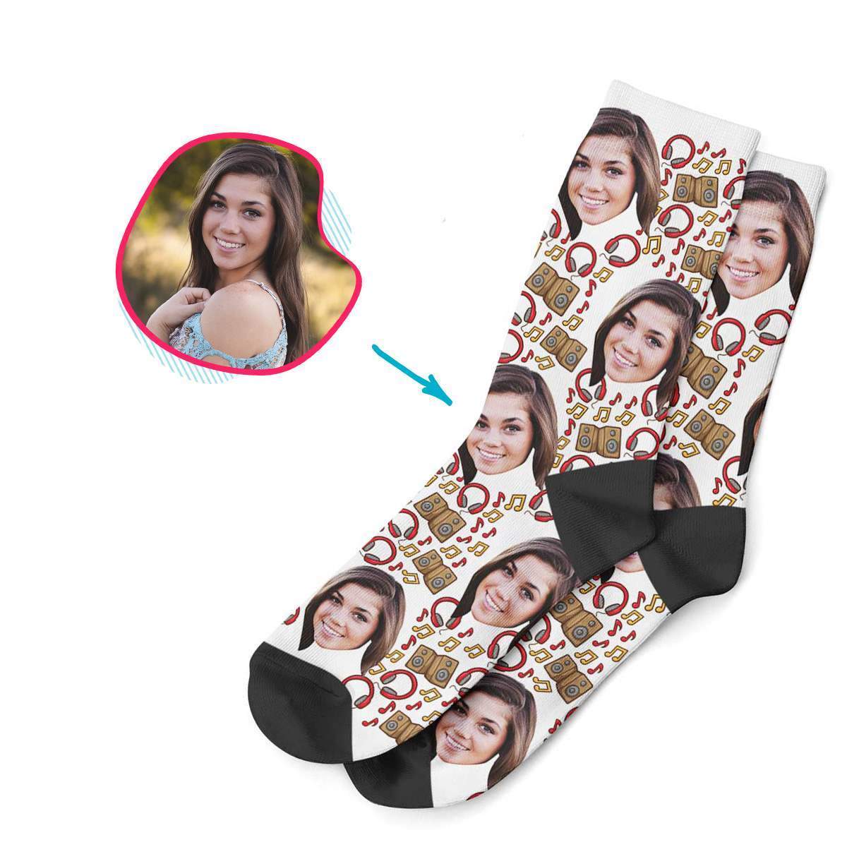 white Music socks personalized with photo of face printed on them