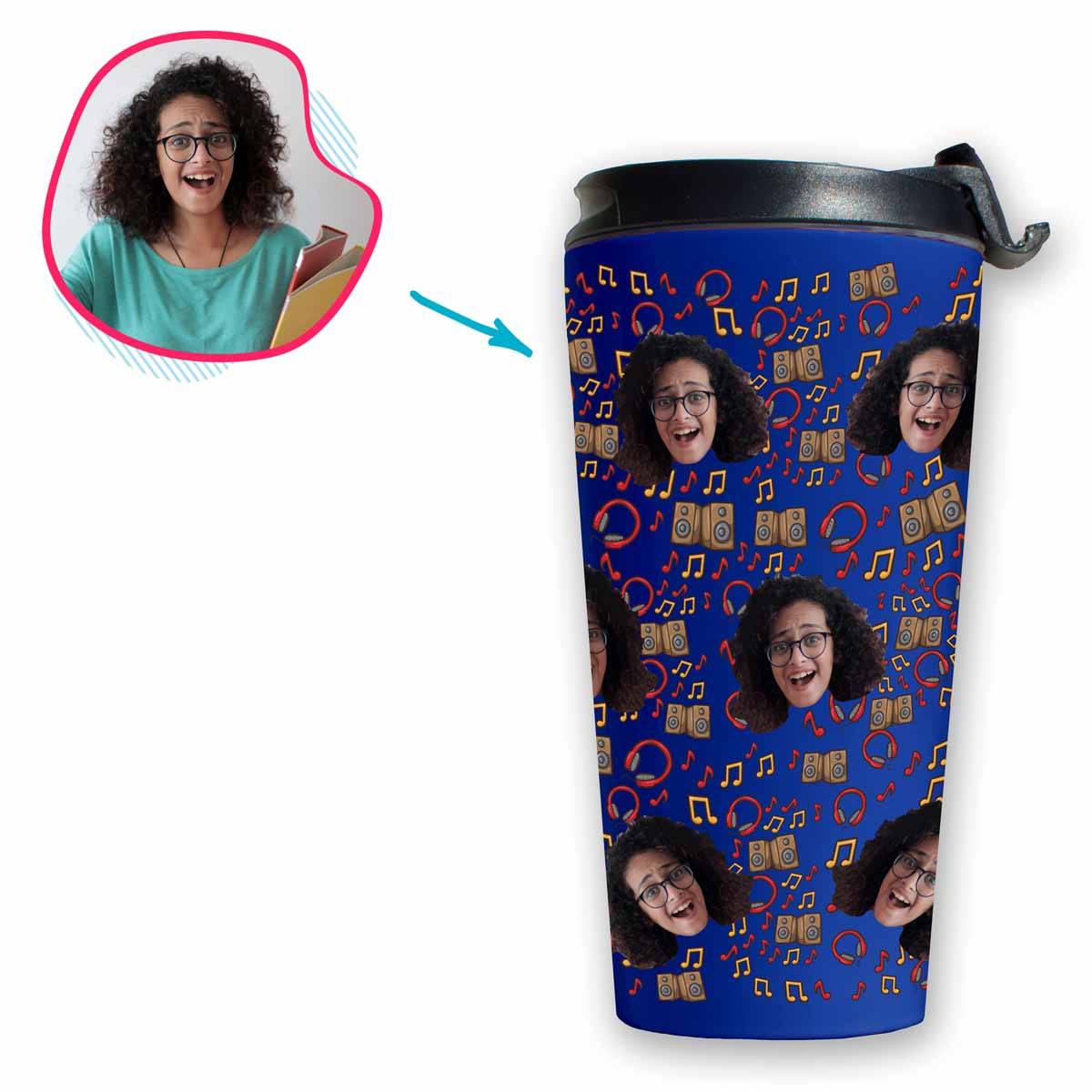 darkblue Music travel mug personalized with photo of face printed on it